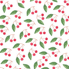 Watercolor pattern with cherries and leaves.