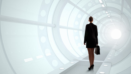 Woman in futuristic interior
