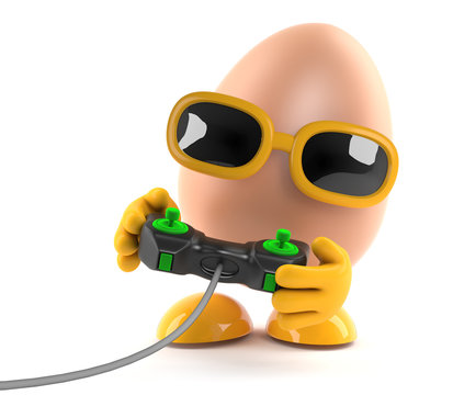 3d Egg plays a videogame with a joystick