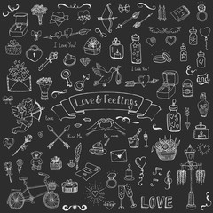 Obraz premium Hand drawn doodle Love and Feelings collection Vector illustration Sketchy Love icons Big set of icons for Valentine's day, Mothers day, wedding, love and romantic events Hearts hands cupid bouquet
