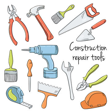Hand drawn collection of house repair Tools.