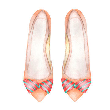 Illustration isolated pink women's ballet shoes with a bow. Painted hand-drawn in a watercolor on a white background.