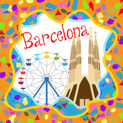 Colorful Barcelona card with Sagrada Familia and Ferris wheel an