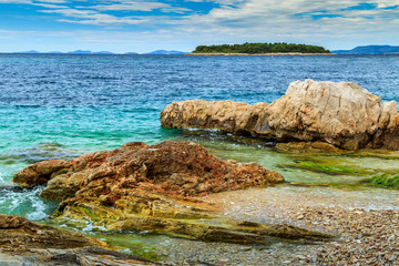 Fototapeta na wymiar Turquoise sea and rocky coastline,Primosten,Croatia,Europe