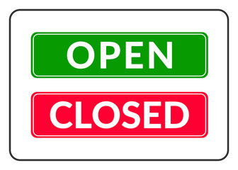 Open and Closed door Sign. Print with color symbol for store, shop, cafe, hotel, office. Information rectangular icon. Green and red signboard isolated on white background. Vector illustration