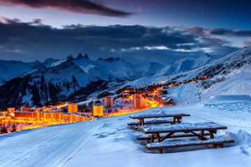 Stunning sunset and ski resort in the French Alps,Europe