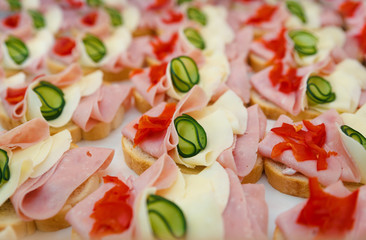 Beautifully decorated,  food snacks and appetizers with sandwich,  on party  or wedding celebration 