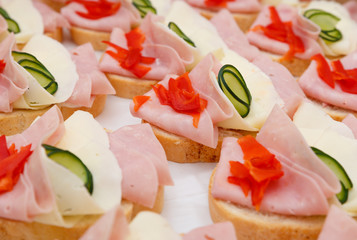 Beautifully decorated,  food snacks and appetizers with sandwich,  on party  or wedding celebration 