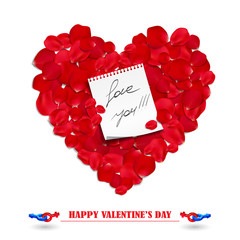 Happy Valentine's day card with heart and rose petals.