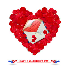 Happy Valentine's day card with letter, heart and rose petals.