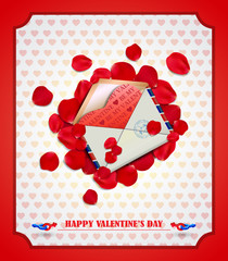 Happy Valentine's day card with letter and rose petals.