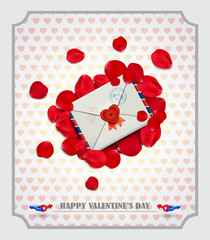 Happy Valentine's day card with letter and rose petals.