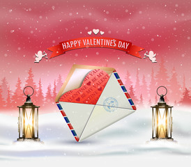 Happy Valentine's day  card with winter landscape, lanterns and letter.