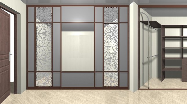 3D rendering interior design  a walk-in wardrobe with sliding doors