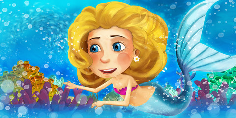 Fototapeta premium Cartoon ocean and the mermaid with his father the king - illustration for the children