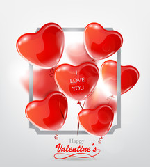 Happy Valentine's Day greeting card with frame and red heart balloons.