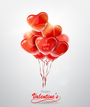 Happy Valentine's Day greeting card with red heart balloons.