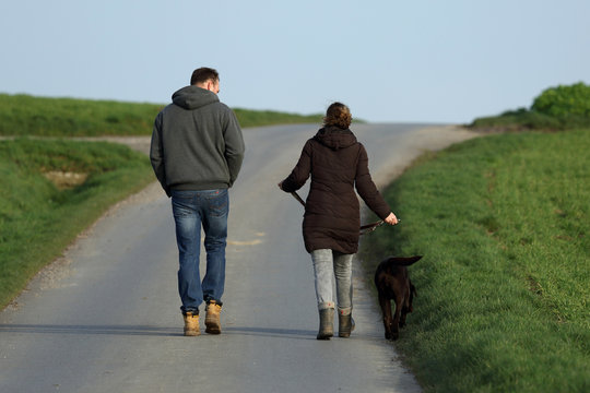 Young Couple Walking With Dog In The Field