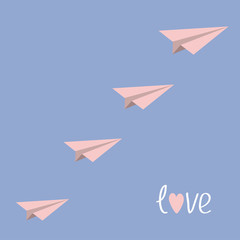 Origami paper plane flying in the sky. Love card. Flat design. Serenity, pink rose quartz color.