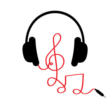 Headphones with treble clef, note red cord and word Music. Card. Flat design. White background.