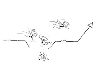 Vector draw doodle cartoon. Businessman running on business line graph and falling down to the ground. Only Superhero businessman is flying to top of line graph. Business investment, success concept.
