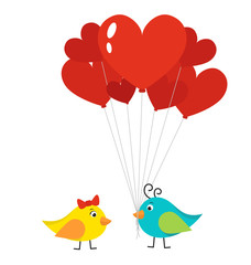 Birds couple in love with heart balloons, valentines day concept, isolated illustration