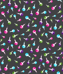 Vector seamless background of chemical flasks. Laboratory instruments randomly scattered. Flasks with colored liquid and bubbles.