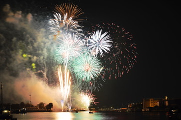 firework on new year countdown at temple of dawn in Thailand