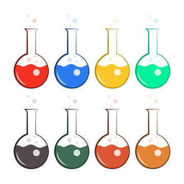 Eight flasks with colored liquids. Chemical reagents and laboratory utensils. Liquid with bubbles.