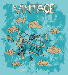 Vintage card with pilot, text and clouds