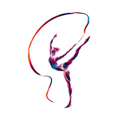 Creative silhouette of gymnastic girl. Art gymnastics with ribbon
