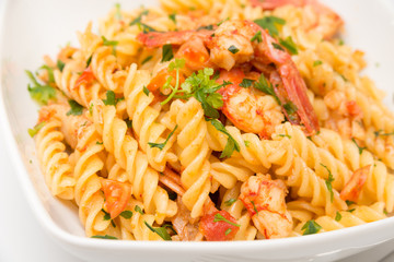 Fusilli ai gamberi e pomodoro, pasta with shrimps and tomato sauce