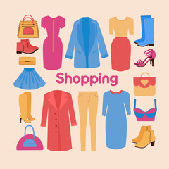 Shopping and Beauty Set in Flat Design
