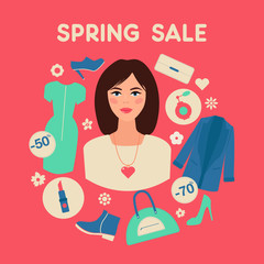 Shopping Spring Sale in Flat Design with Woman