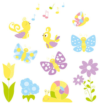 Set of cute nature cartoon elements / spring  - vectors for children 