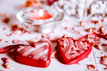 valentines day background with two hearts on wooden background