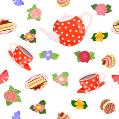 Vector repeating pattern from the kettle, cups, cake, cupcakes and flowers.