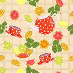 Seamless vector pattern with teapot, cups, strawberries and cake.