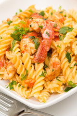 Fusilli ai gamberi e pomodoro, pasta with shrimps and tomato sauce