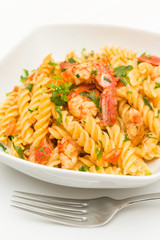 Fusilli ai gamberi e pomodoro, pasta with shrimps and tomato sauce