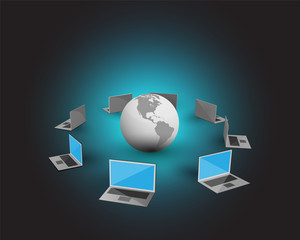 Concept of management information systems, Vector illustration of Laptops connecting each other and sharing data through a global network © vallepu