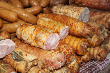 Sausage, bacon, ham, sausage on the counter