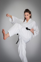Kick Punch Self Defence Woman in Karate Training.