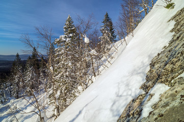 Склон крутой скалы. Заснеженные деревья.
