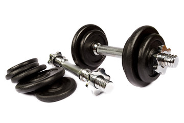 Naklejka na ściany i meble Fitness exercise equipment dumbbell weights on white background