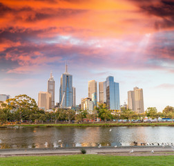 Obraz premium Skyline of Melbourne at dusk time, Australia