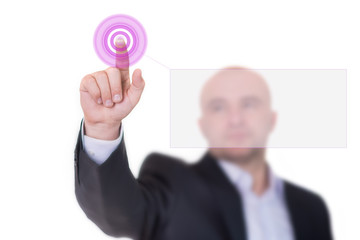 Man pushes an invisible button panel