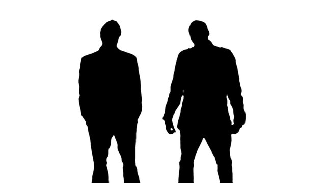 Shaking hands deal silhouette - closeup- 1080p. Men standing and talking to each other. Slow zoom to a hand shake at the end. Full HD