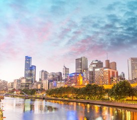 Skyline of Melbourne at dusk time, Australia