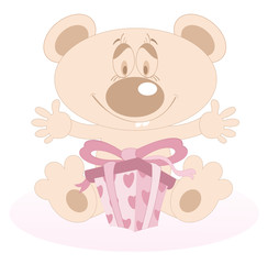 Obraz premium Cute Teddy Bear with a present. Cute Teddy Bear is given a present and looks happy 